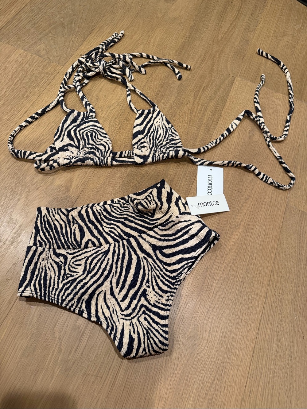 Montce Zebra-Print Triangle Bikini in Black and Cream - New with tags
